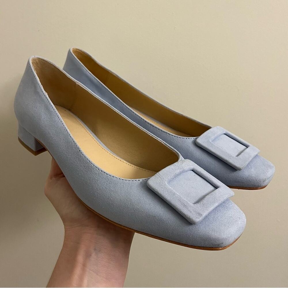 J. McLaughlin Lisbeth Blue Suede Buckle Low Block Heels Size 8 - Picture 2 of 12